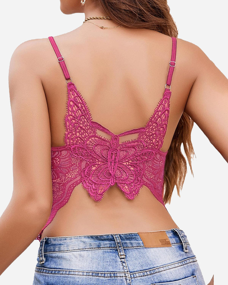 Lace spaghetti strap tank top, magenta with openwork floral lace at the back