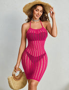 Rose pink fishnet halter mini dress with zigzag pattern and fitted silhouette