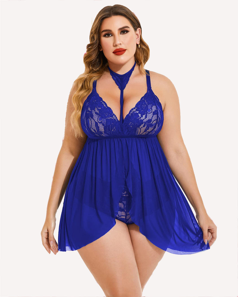 Royal blue lace babydoll with high neck choker style and sheer short skirt