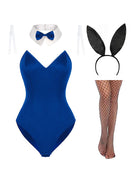 Royal blue velvet bunny bodysuit with bow collar, ear headband, and fishnet stockings
