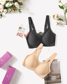 Black and nude seamless no-underwire bras, V-neck molded cups, adjustable straps.