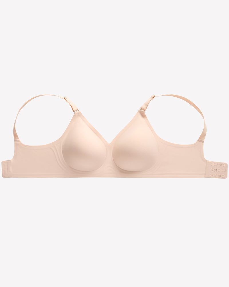Nude wireless push-up bra with smooth molded cups and wide back band