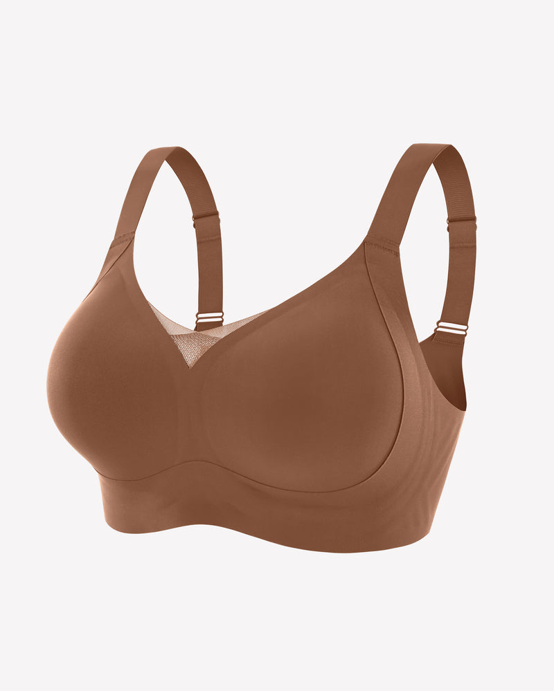 Wireless push-up bra, brown, wide straps and seamless molded cups
