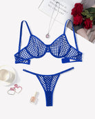 Blue fishnet hollow-out push-up bra and thong set with matching thong