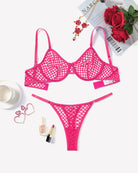 Hot pink fishnet push-up bra and sheer thong set, hollow grid cups