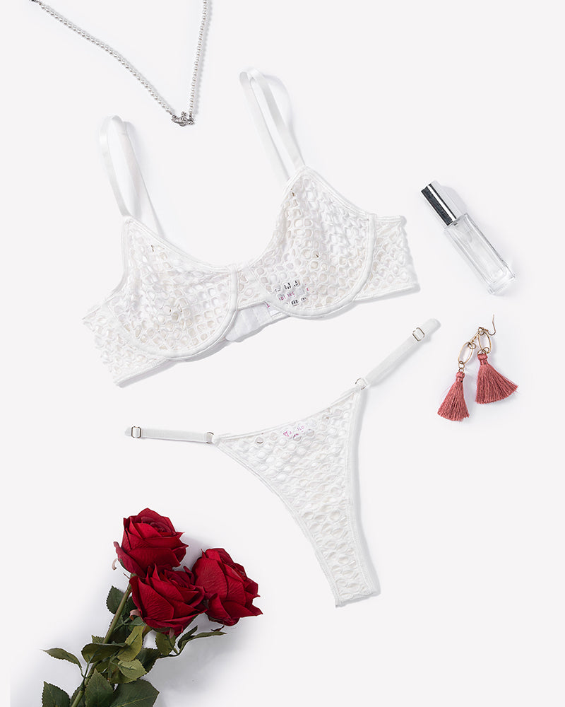 White fishnet push-up bra and thong set, hollow grid cups and V-front