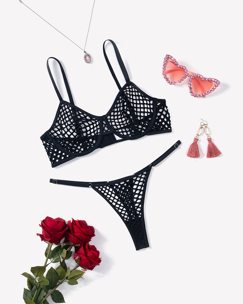 Black fishnet push-up bra and thong set, hollow grid cups with thin straps
