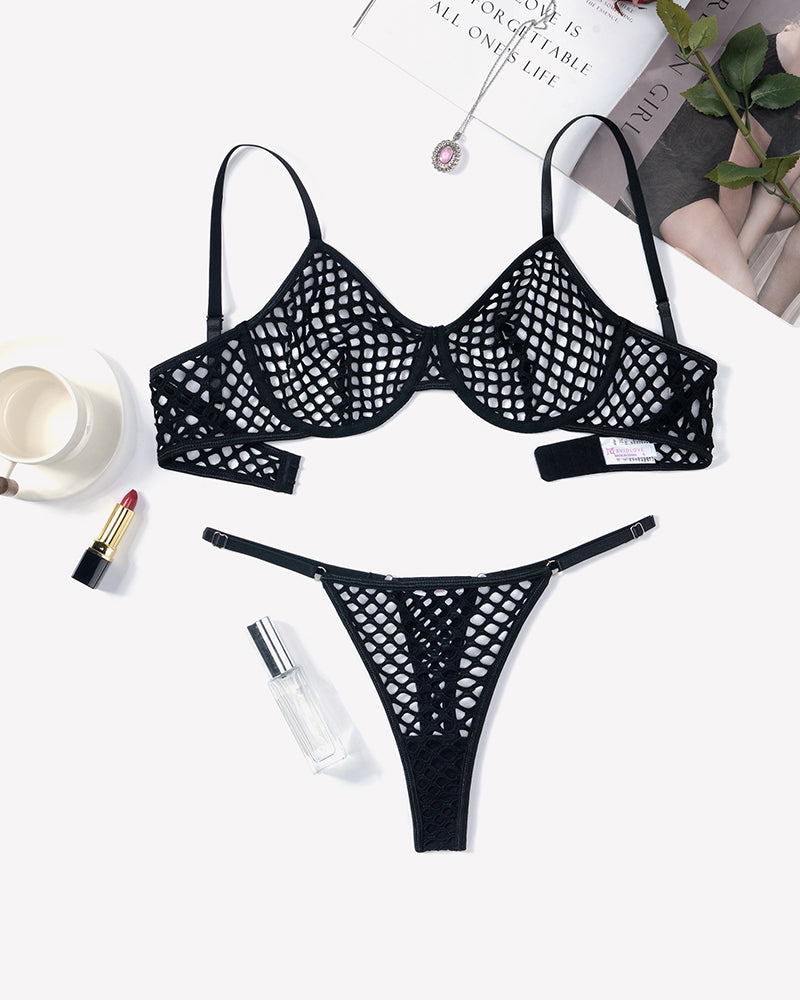 Black fishnet push-up bra and thong set, hollow grid cups and thong waistband