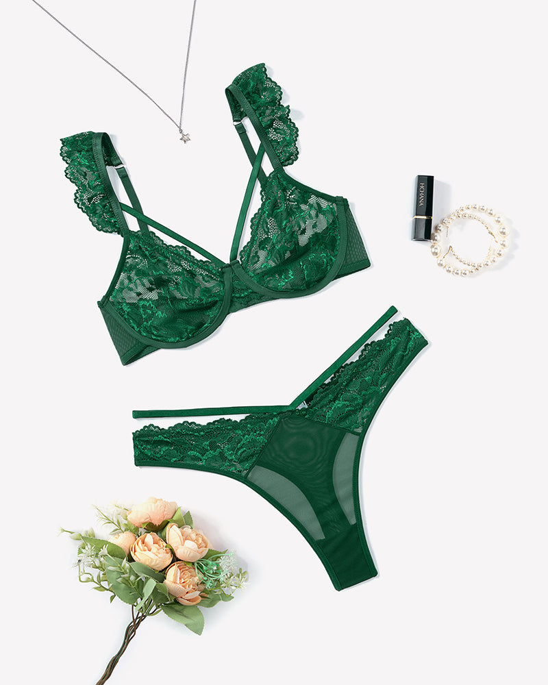 Wireless strappy ruffle bra and panty set, green lace bra and thong