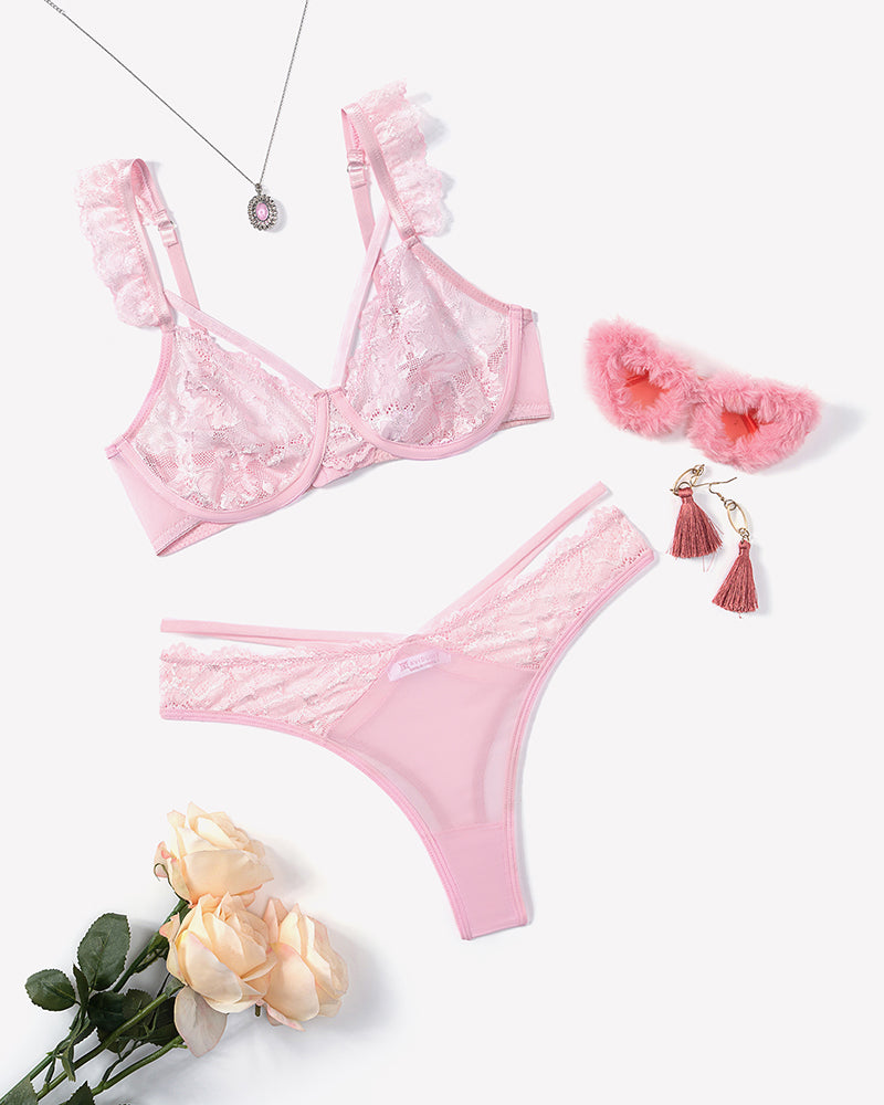 Wireless strappy ruffle bra and panty set, pink lace bra and thong