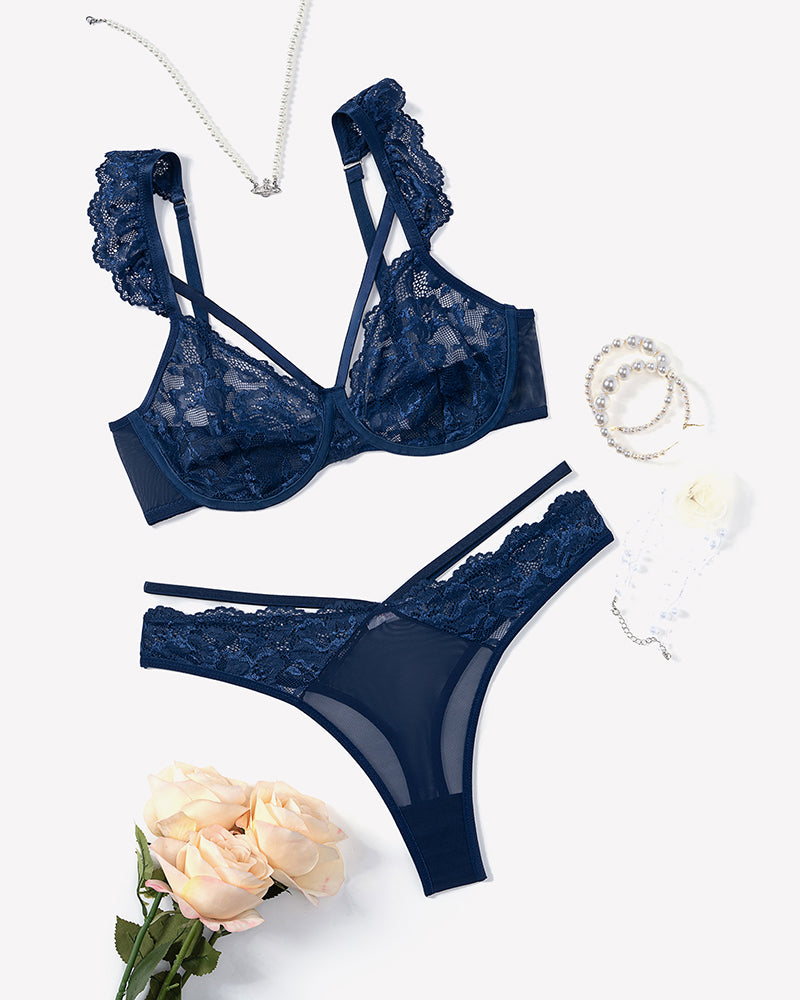 Wireless strappy ruffle bra and panty set, navy blue lace bra and thong