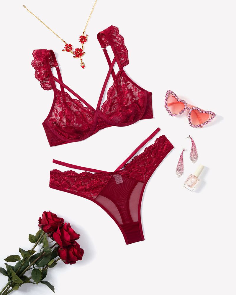 Wireless strappy ruffle bra and panty set, red lace bra and high-cut thong