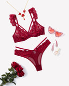 Wireless strappy ruffle bra and panty set, red lace bra and high-cut thong