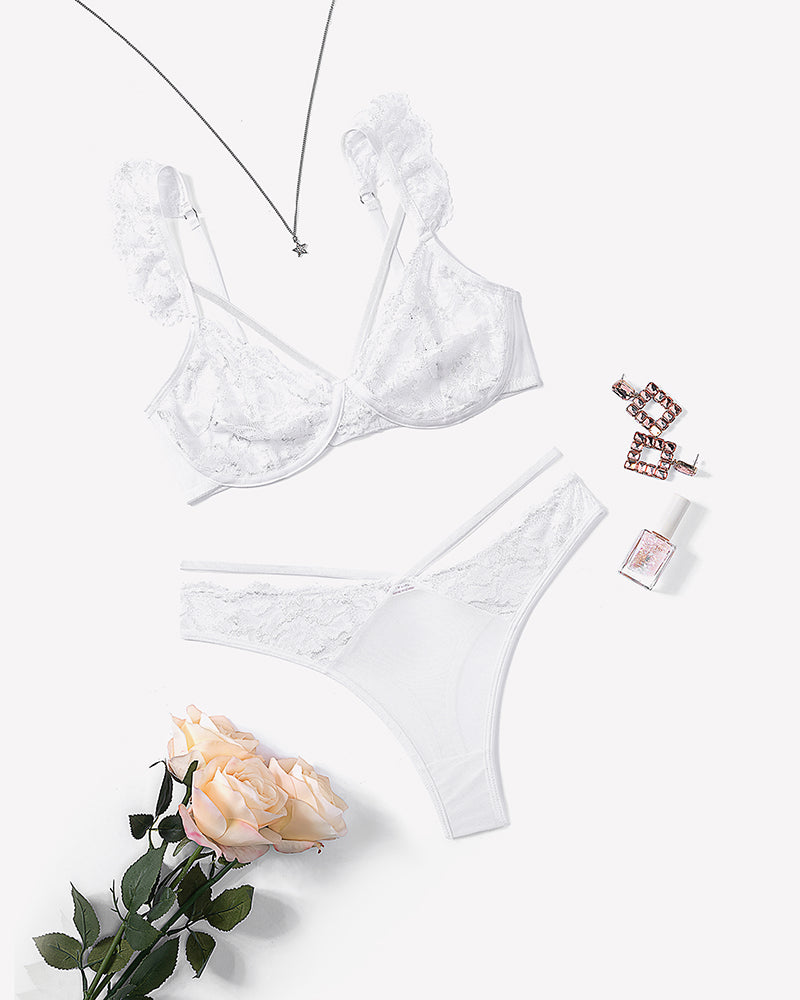 Wireless strappy ruffle bra and panty set, white lace bra and high-cut thong