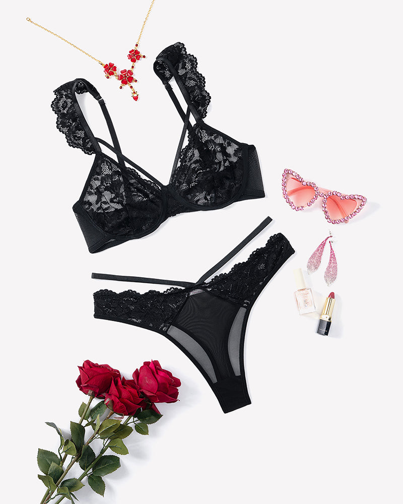Black lace wireless strappy ruffle bra and panty set