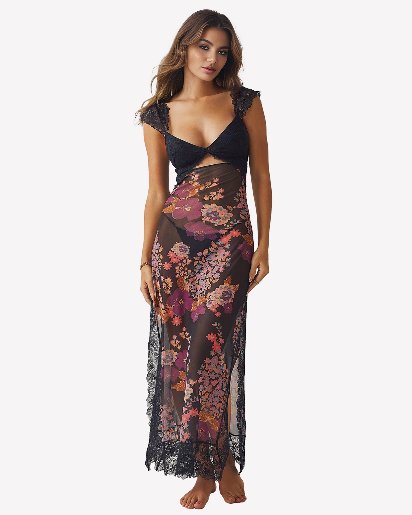 Black hollow floral maxi slip dress with lace V-neck and side slit, sheer hem