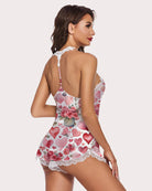Pink heart and rose pajama set, back view of lace-trim camisole and shorts