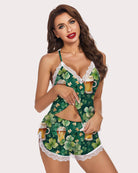 Green clover pajama set with lace trim, camisole and matching shorts, beer mug print