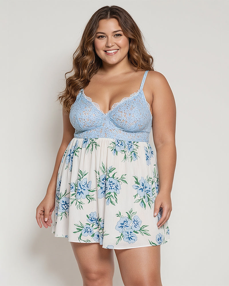 Babydoll dress with light blue lace bodice and white floral skirt, sleeveless