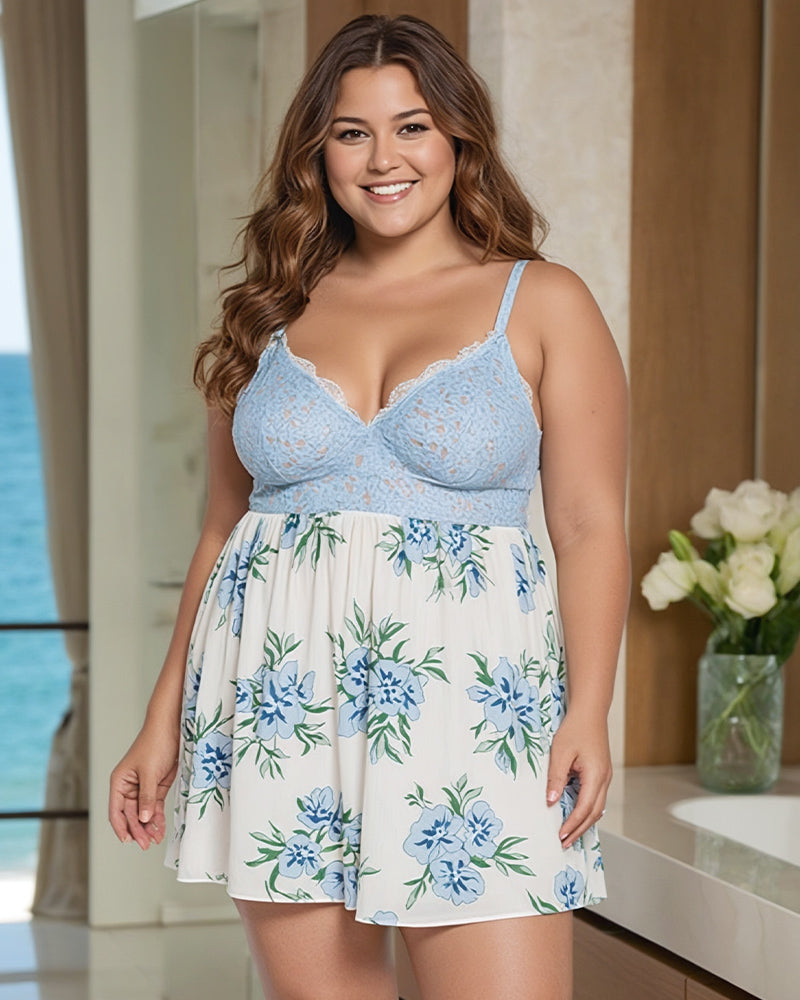Plus size floral lace babydoll dress in light blue with V-neck lace cups