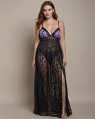 Sheer lace long dress with heart print and scalloped lace-trim neckline, full length.