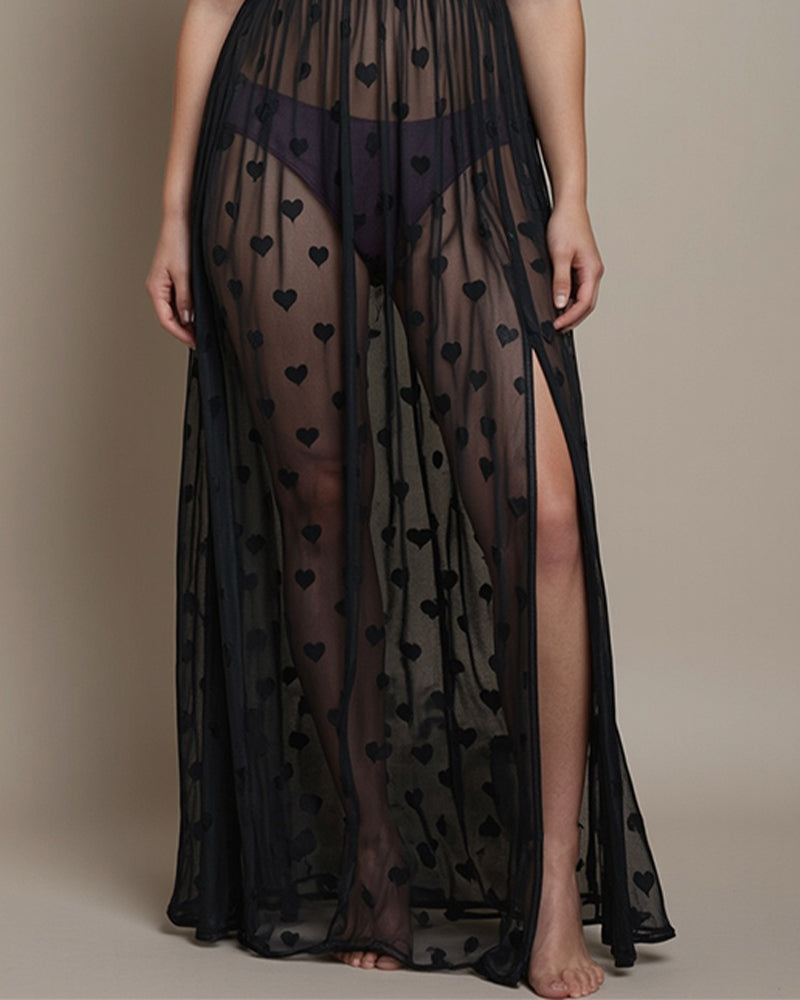 Sheer lace long dress skirt with heart print mesh and side slit, floor length.