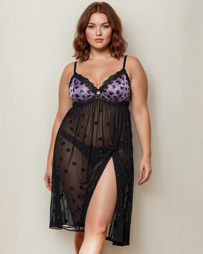 Sheer lace mid-dress with heart-print bust, draped skirt and front slit