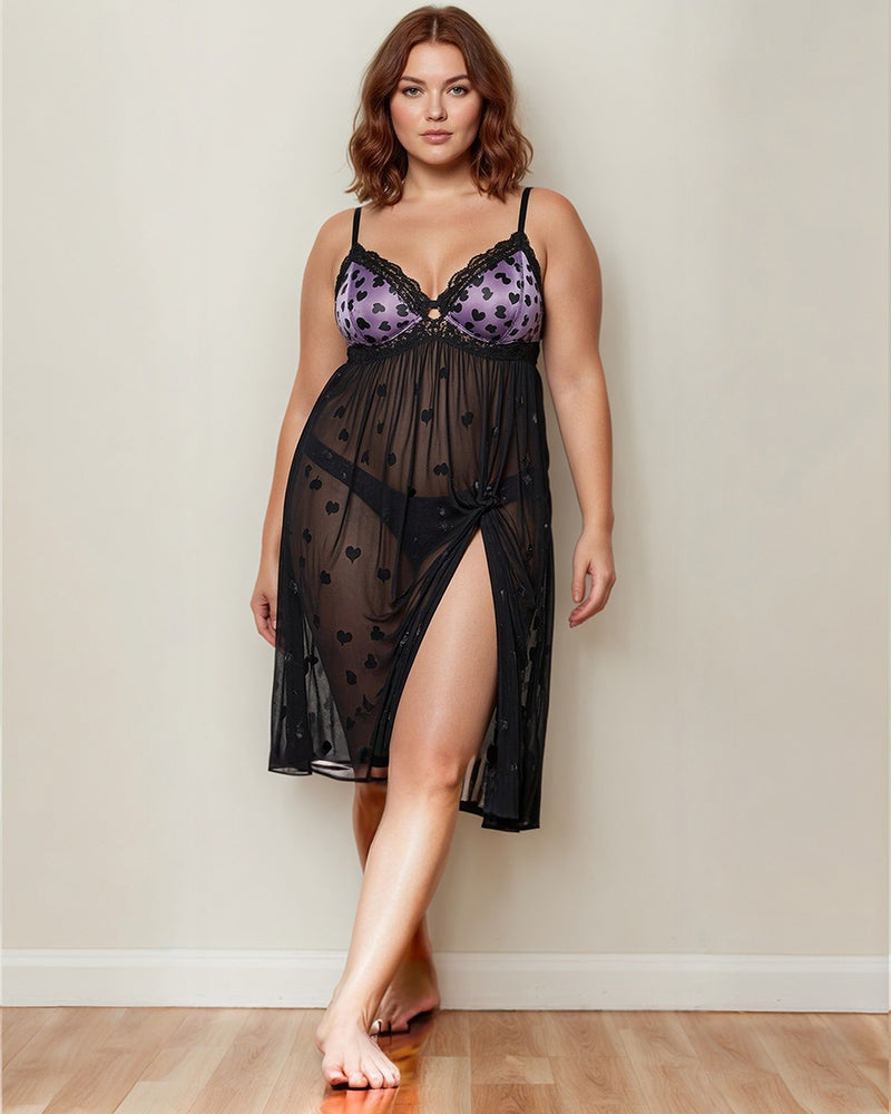 Sheer lace mid-dress with heart-print bust, tie-front detail and thigh slit