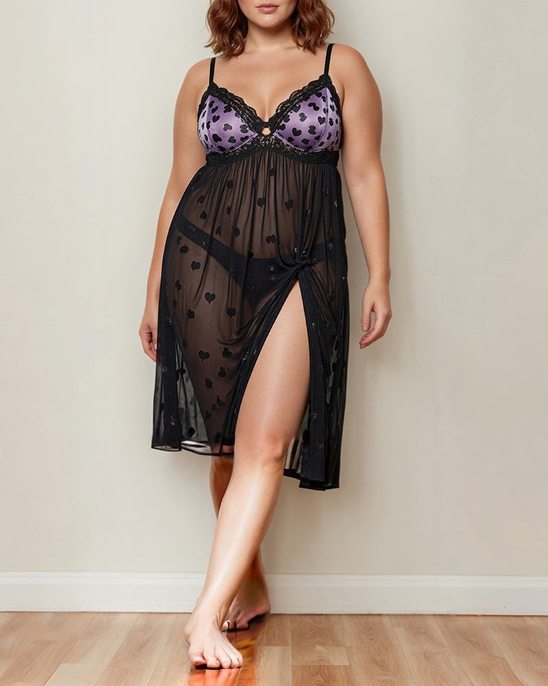 Sheer lace mid-dress with heart-print bra, scalloped lace trim, tie-front slit