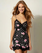 Black lace sleep dress with pink roses, white polka dots, spaghetti straps, scalloped hem.