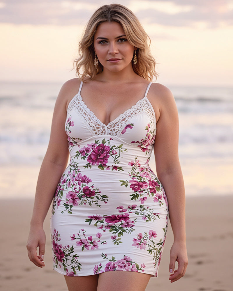 Plus size floral chemise with white lace V-neck, spaghetti straps, pink bouquet print