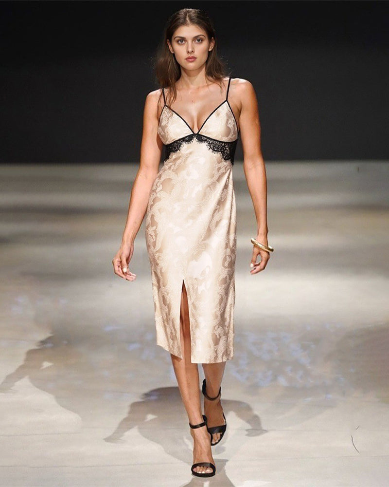Champagne butterfly jacquard slip dress with black lace-trim V neckline