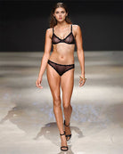 Black sheer tulle demi bra and panty with scalloped lace trim