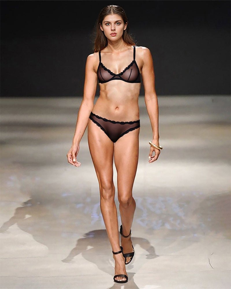 Black sheer tulle demi bra and panty with scalloped lace trim