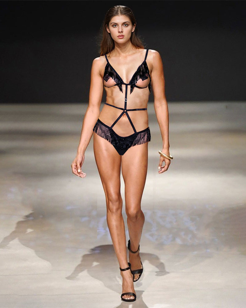 Black beaded fringe bodysuit with V-neck bra cups and high-cut strap bottom