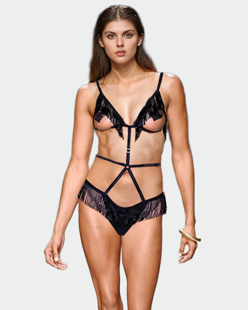Black beaded fringe bodysuit with underwire cups and strappy harness front