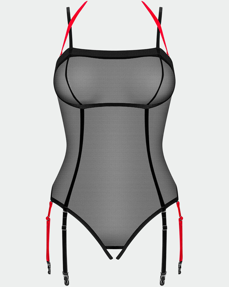 Black mesh tulle crotchless teddy flat view with garter straps and thong cut