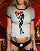 Fitted graphic tee and panties set, white shirt with black trim, skeleton girl print