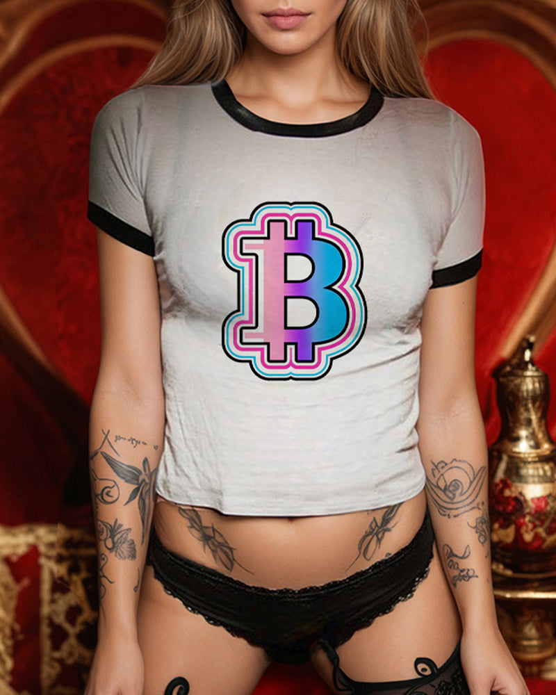 Fitted graphic tee and panties set, white shirt with black trim, black lace panties
