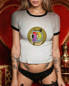 Fitted white D-logo top with black trim and matching black lace panties