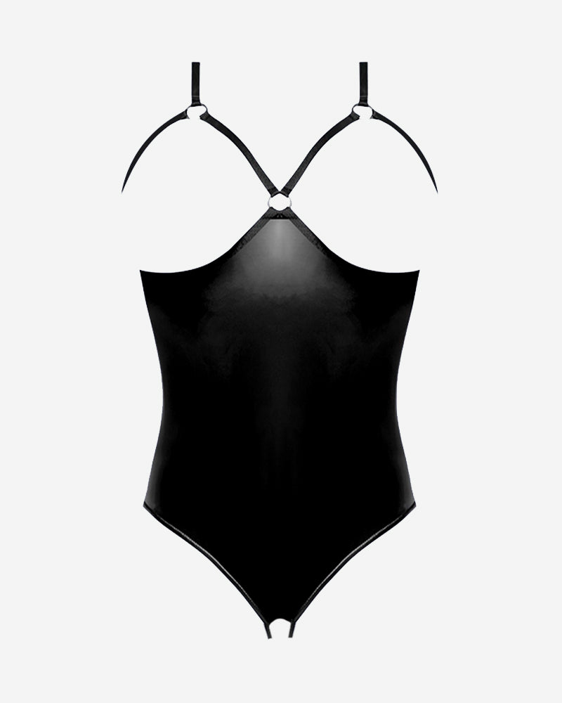 Black cupless crotchless teddy bodysuit with adjustable shoulder straps