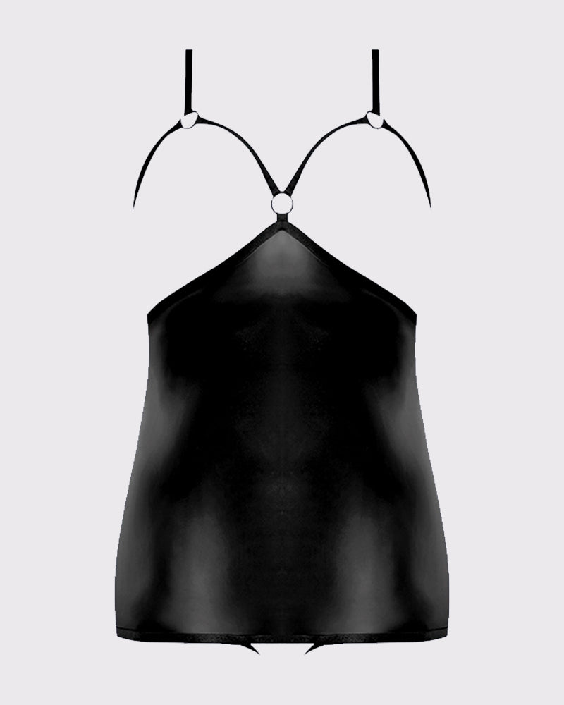 Black leather-look cupless chemise with ring at bust, front silhouette, thin shoulder straps