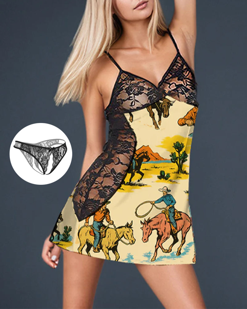 Western mini dress with black lace bodice and yellow western animal print hem