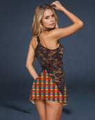 Black lace mini dress, open-back style, patriotic head graphic pattern