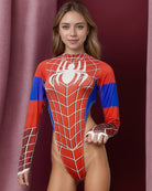 Red long-sleeve spider-web bodysuit with white grid and blue side stripe