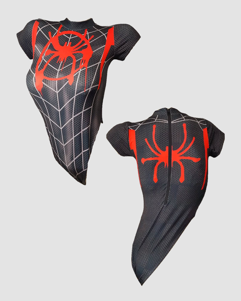 Black spider bodysuit shown front and back, red spider with white web line print