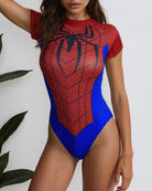 Red short-sleeve bodysuit with black spider-web logo and blue side panels