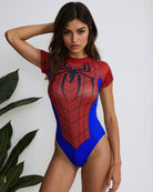 Red spider-web short-sleeve bodysuit with black logo and blue hip panels