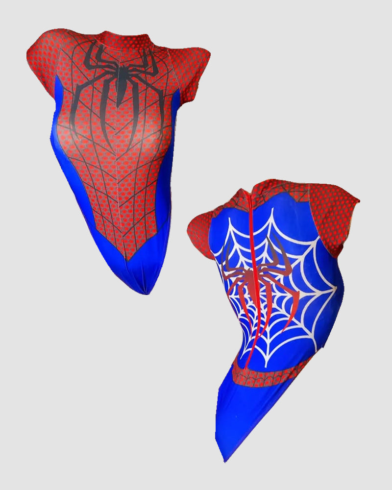 Red and blue spider-web bodysuit, front and back views with black logo