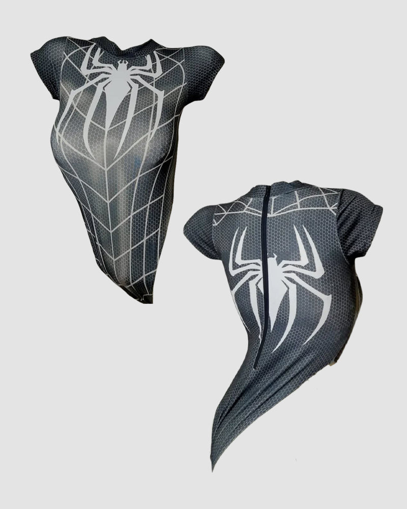 Dark short-sleeve bodysuit set showing front and back, white spiderweb spider graphic